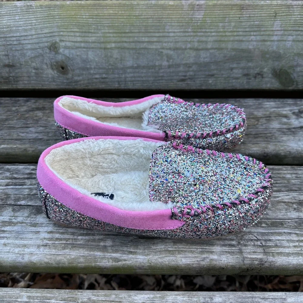 Lands End Girls Pink Glitter Faux Fur Moccasin‎ Slippers Multi Color Size 5